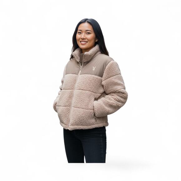PacSun x Playboy Women’s Sherpa Cropped Zip Front Jacket XS/Small Tan - Picture 1 of 8